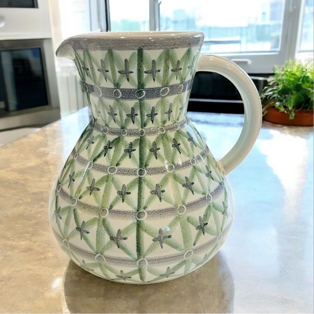 Vintage Mid Century Modern Scandinavian Pottery with green & lavender 6" Swedish